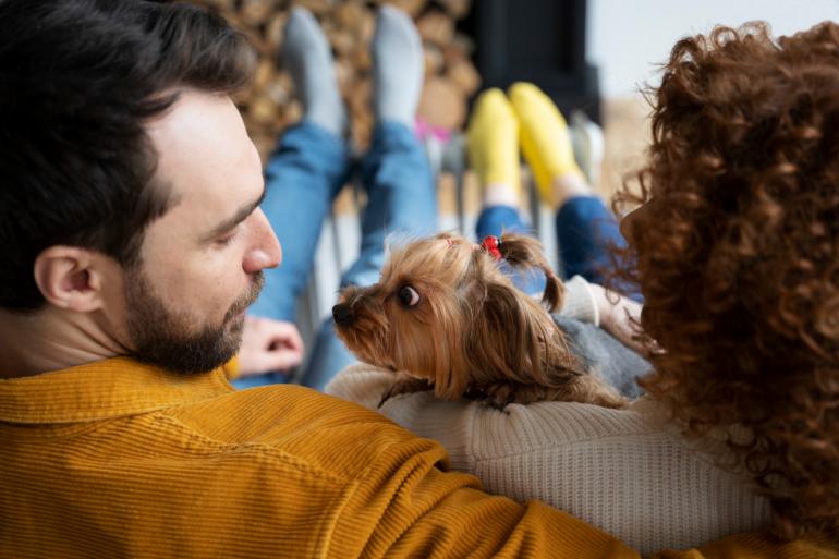 Foto mostra um casal sentado em uma sala de estar com um pequeno cão entre eles.